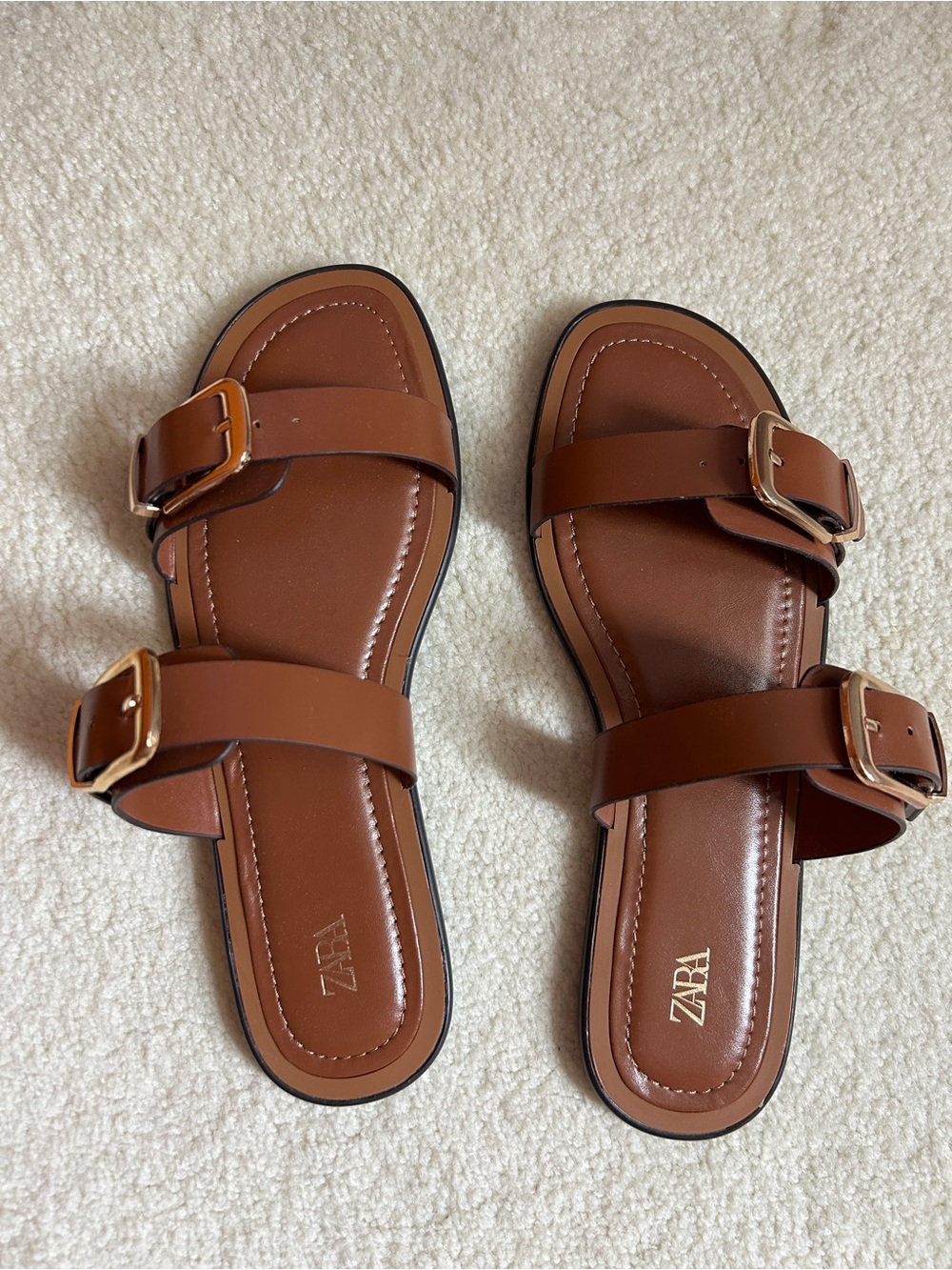 Zara Cognac Double-Buckle Slide Sandals - Women's 7.5